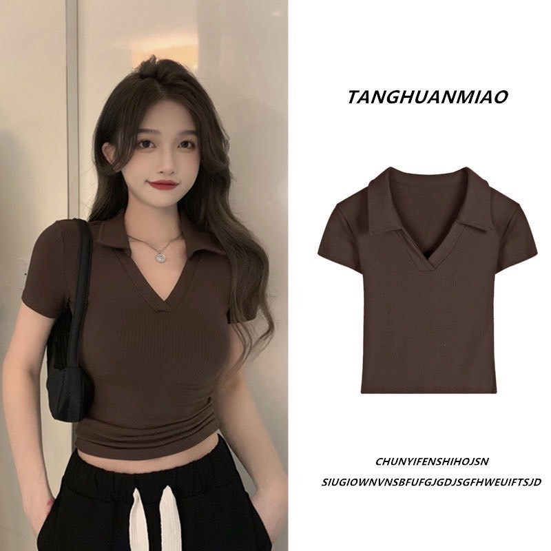 【JDUDS】韓版簡約氣質修身顯瘦POLO領 短版上衣 素色POLO短袖上衣 V領直條紋短袖上衣-細節圖2