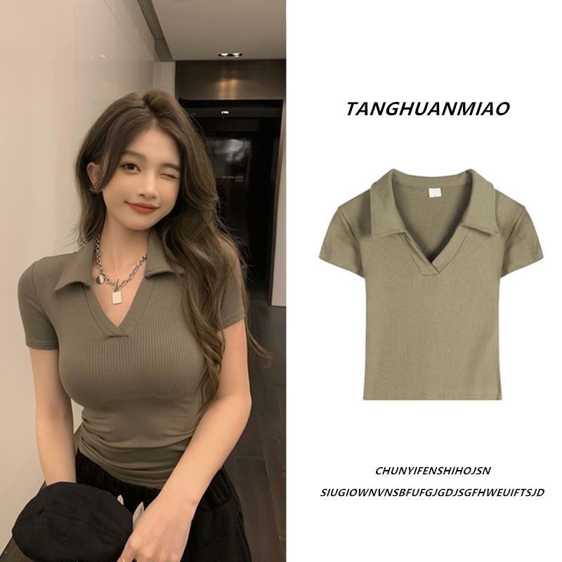 【JDUDS】韓版簡約氣質修身顯瘦POLO領 短版上衣 素色POLO短袖上衣 V領直條紋短袖上衣-細節圖3