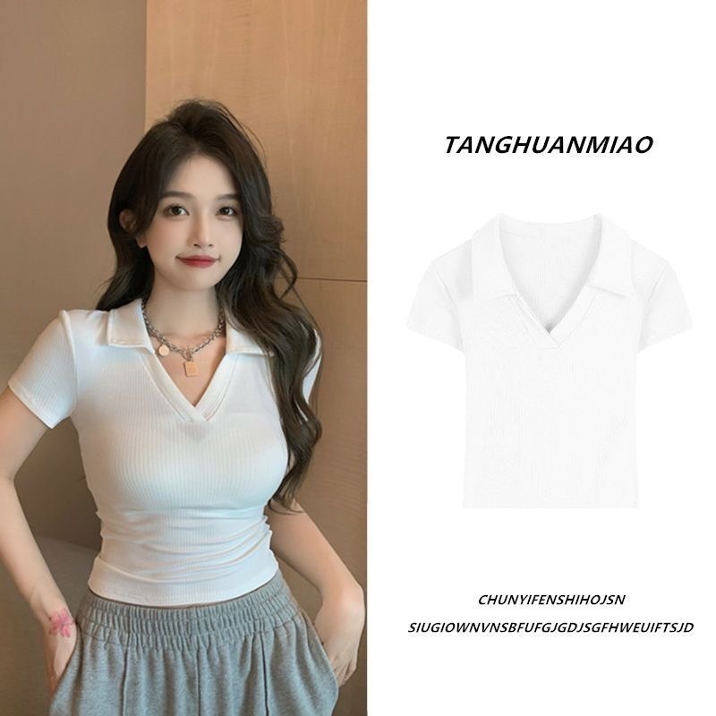 【JDUDS】韓版簡約氣質修身顯瘦POLO領 短版上衣 素色POLO短袖上衣 V領直條紋短袖上衣-細節圖4