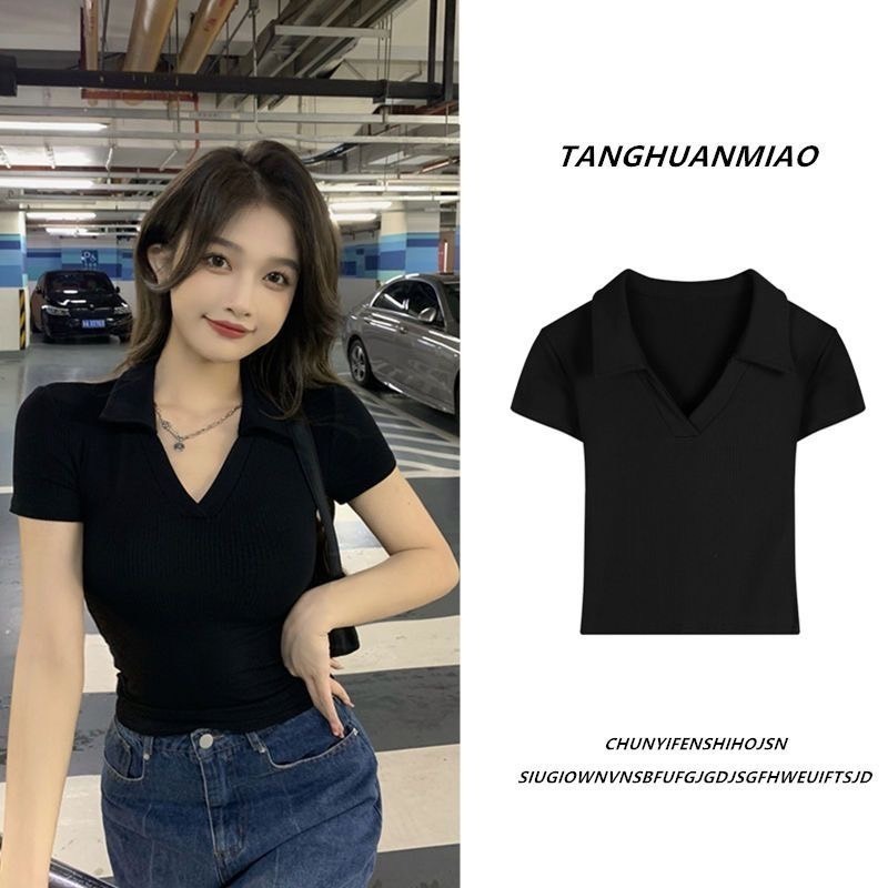 【JDUDS】韓版簡約氣質修身顯瘦POLO領 短版上衣 素色POLO短袖上衣 V領直條紋短袖上衣-細節圖5