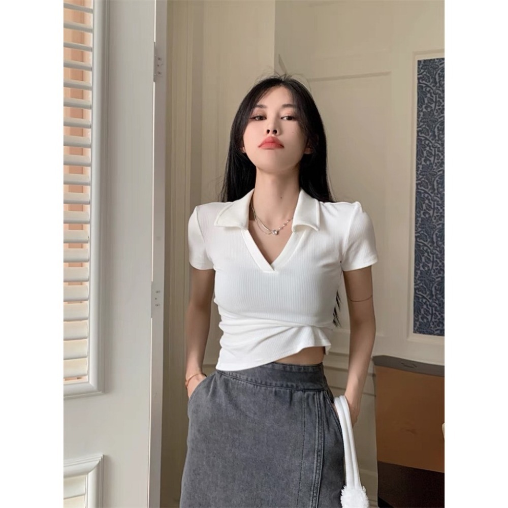 【JDUDS】韓版簡約氣質修身顯瘦POLO領 短版上衣 素色POLO短袖上衣 V領直條紋短袖上衣-細節圖8