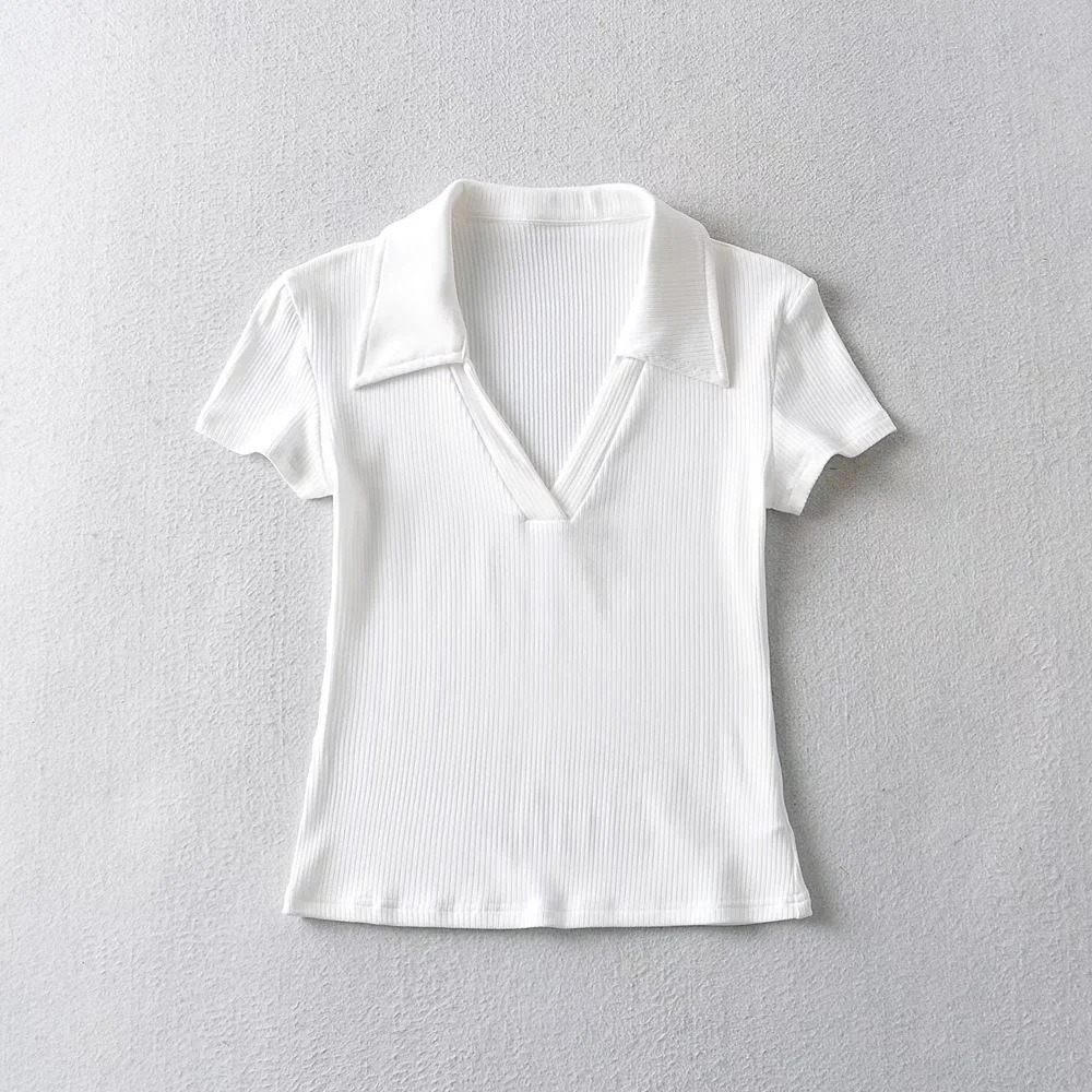 【JDUDS】韓版簡約氣質修身顯瘦POLO領 短版上衣 素色POLO短袖上衣 V領直條紋短袖上衣-規格圖9