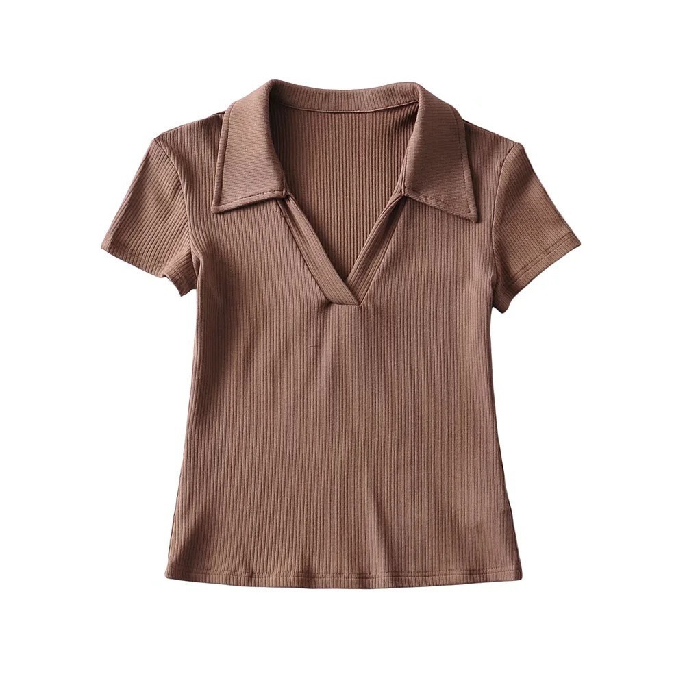 【JDUDS】韓版簡約氣質修身顯瘦POLO領 短版上衣 素色POLO短袖上衣 V領直條紋短袖上衣-規格圖9