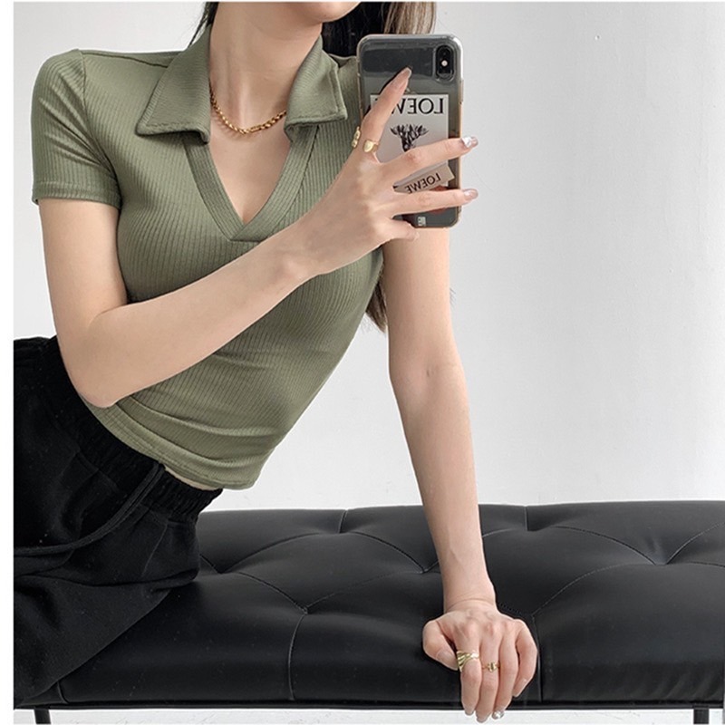 【JDUDS】韓版簡約氣質修身顯瘦POLO領 短版上衣 素色POLO短袖上衣 V領直條紋短袖上衣-規格圖9