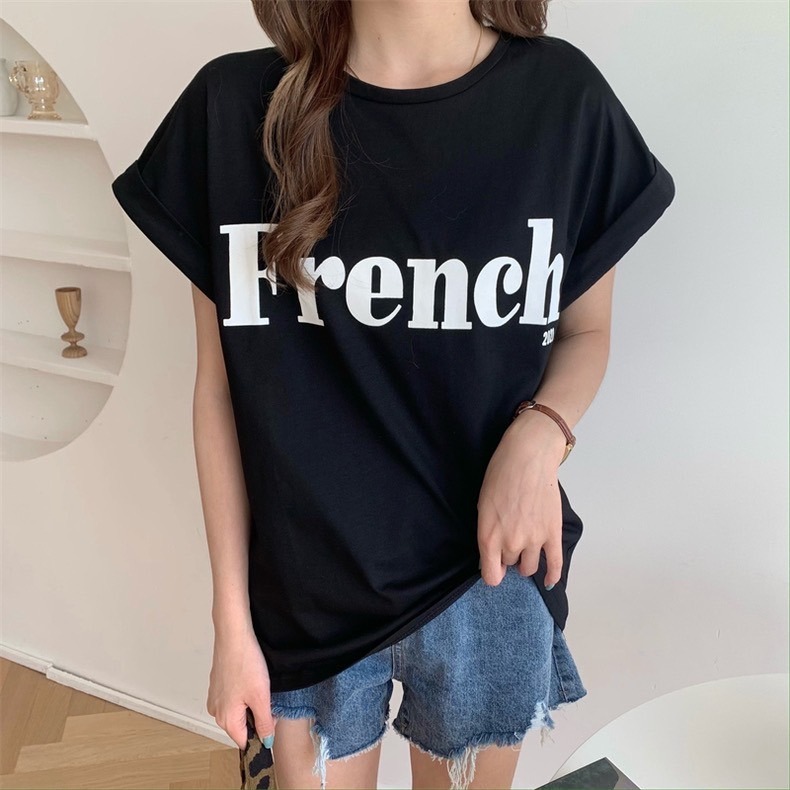 【JDUDS】 字母設計感捲邊落肩 飛飛袖短袖 T恤 寬鬆捲邊中長版上衣  飛飛袖-規格圖9