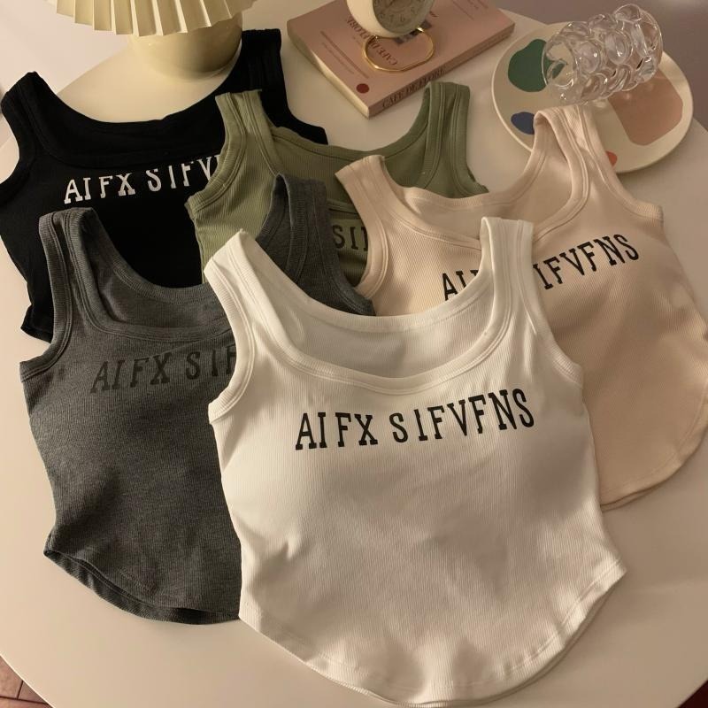 【JDUDS】 短版不規則背心 固定胸墊背心 螺紋棉不規則字母背心 運動背心 性感背心 女生背心 短版背心-細節圖3