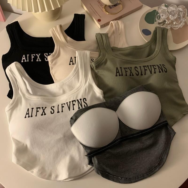 【JDUDS】 短版不規則背心 固定胸墊背心 螺紋棉不規則字母背心 運動背心 性感背心 女生背心 短版背心-細節圖4