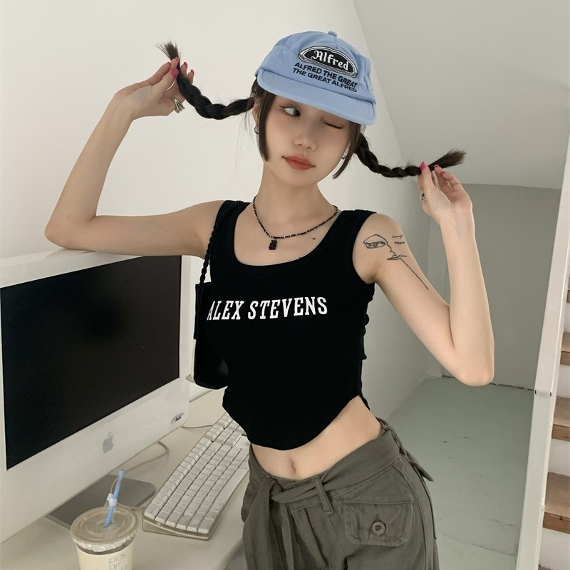 【JDUDS】 短版不規則背心 固定胸墊背心 螺紋棉不規則字母背心 運動背心 性感背心 女生背心 短版背心-細節圖7