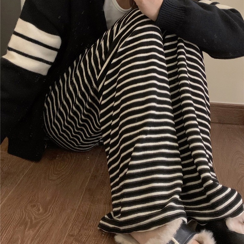 【JDUDS】黑白條紋闊腿褲  垂感溜灣褲 慵懶風格落地褲 黑白條紋長褲 黑白條紋褲 黑白條紋寬鬆褲 綁繩黑白條紋褲-細節圖3