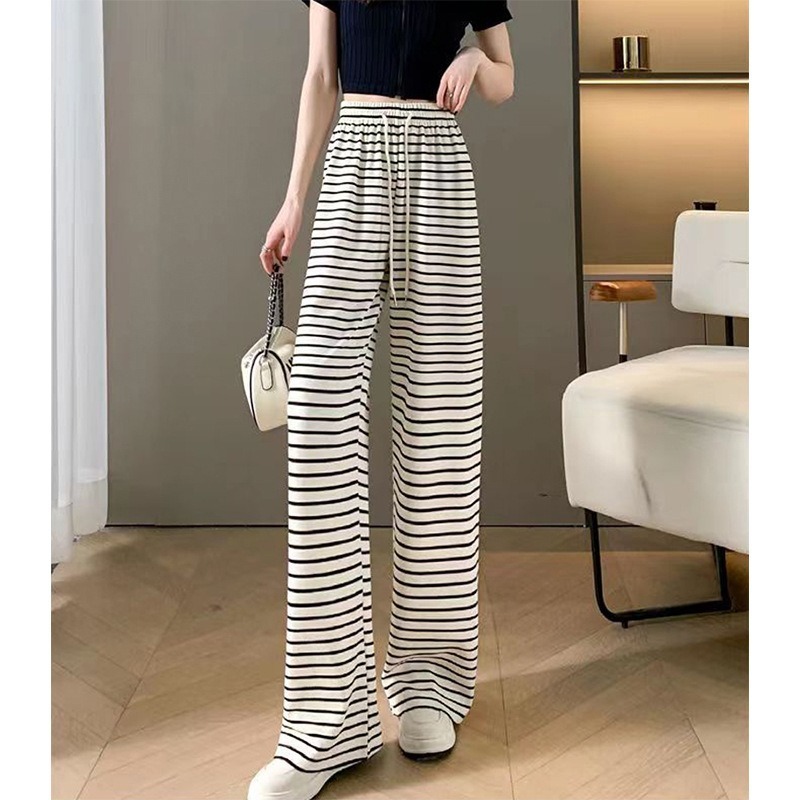 【JDUDS】黑白條紋闊腿褲  垂感溜灣褲 慵懶風格落地褲 黑白條紋長褲 黑白條紋褲 黑白條紋寬鬆褲 綁繩黑白條紋褲-細節圖2