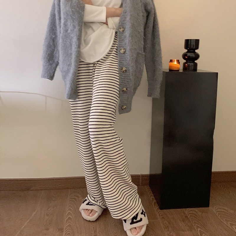 【JDUDS】黑白條紋闊腿褲  垂感溜灣褲 慵懶風格落地褲 黑白條紋長褲 黑白條紋褲 黑白條紋寬鬆褲 綁繩黑白條紋褲-規格圖8