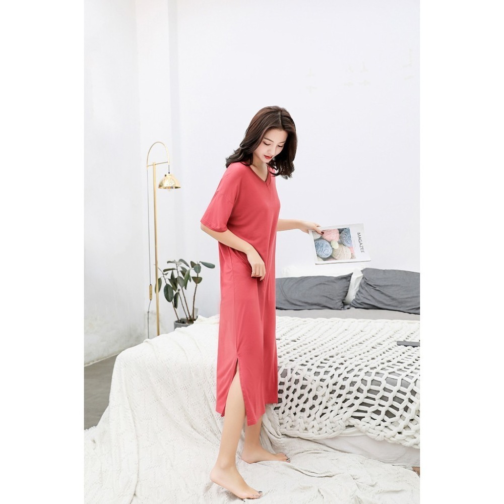 【JDUDS】大尺碼 V領連身裙 超柔材質 極度舒適 睡衣 連身裙 居家 休閒 莫代爾-細節圖3