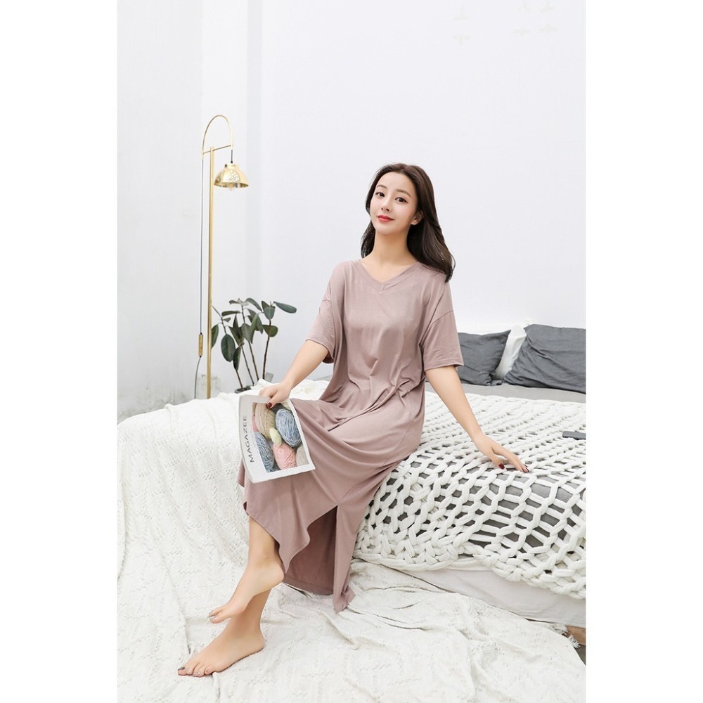 【JDUDS】大尺碼 V領連身裙 超柔材質 極度舒適 睡衣 連身裙 居家 休閒 莫代爾-細節圖6