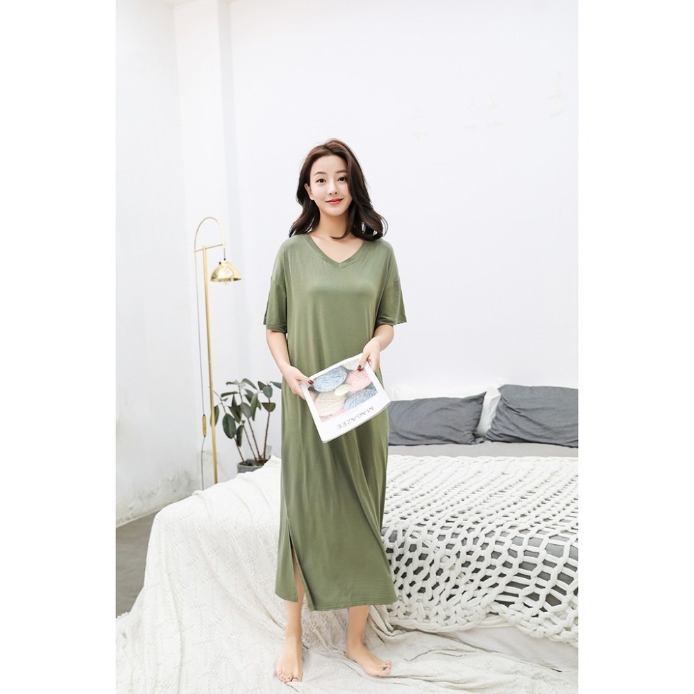 【JDUDS】大尺碼 V領連身裙 超柔材質 極度舒適 睡衣 連身裙 居家 休閒 莫代爾-細節圖8