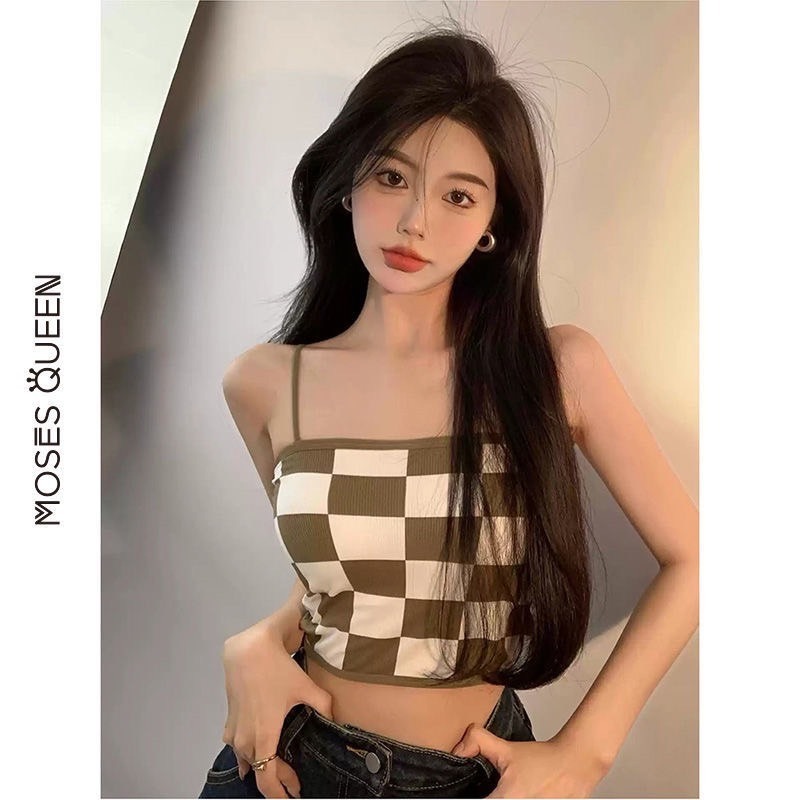 【JDUDS】新款性感拼色棋盤格 一字形細肩美背背心 小可愛 女裝 背心女 衣服 短版上衣 (有胸墊)-細節圖2