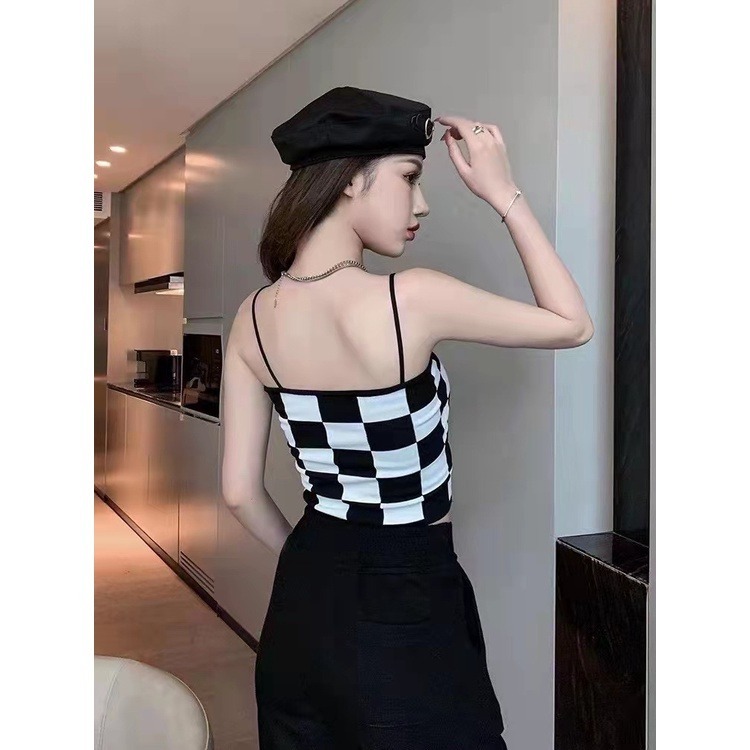 【JDUDS】新款性感拼色棋盤格 一字形細肩美背背心 小可愛 女裝 背心女 衣服 短版上衣 (有胸墊)-細節圖4