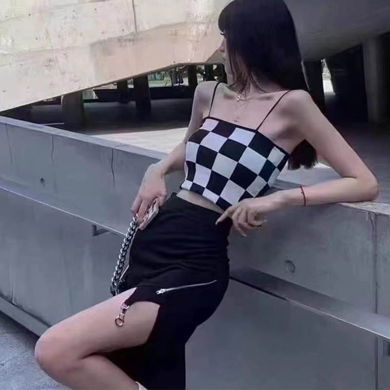 【JDUDS】新款性感拼色棋盤格 一字形細肩美背背心 小可愛 女裝 背心女 衣服 短版上衣 (有胸墊)-細節圖5