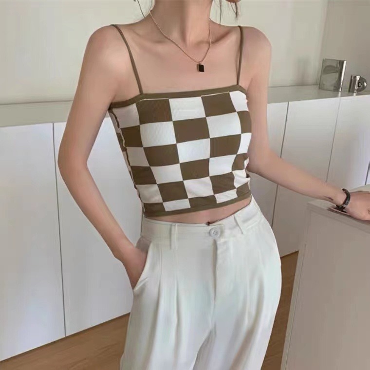 【JDUDS】新款性感拼色棋盤格 一字形細肩美背背心 小可愛 女裝 背心女 衣服 短版上衣 (有胸墊)-細節圖6