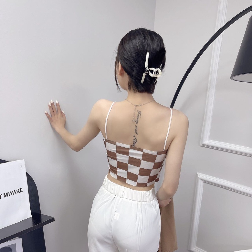 【JDUDS】新款性感拼色棋盤格 一字形細肩美背背心 小可愛 女裝 背心女 衣服 短版上衣 (有胸墊)-細節圖7