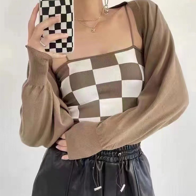 【JDUDS】新款性感拼色棋盤格 一字形細肩美背背心 小可愛 女裝 背心女 衣服 短版上衣 (有胸墊)-細節圖8