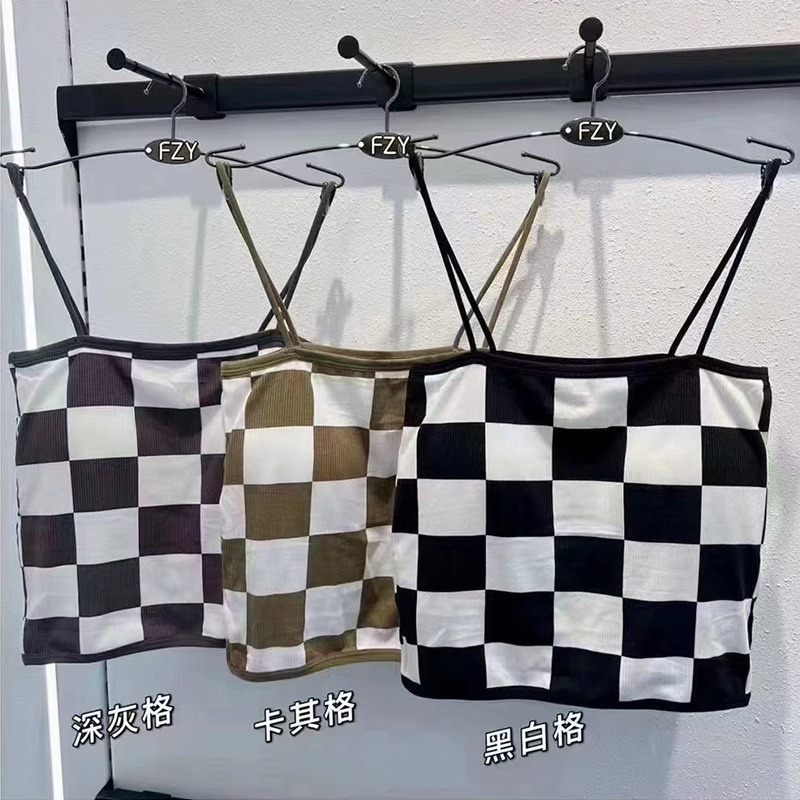 【JDUDS】新款性感拼色棋盤格 一字形細肩美背背心 小可愛 女裝 背心女 衣服 短版上衣 (有胸墊)-細節圖10