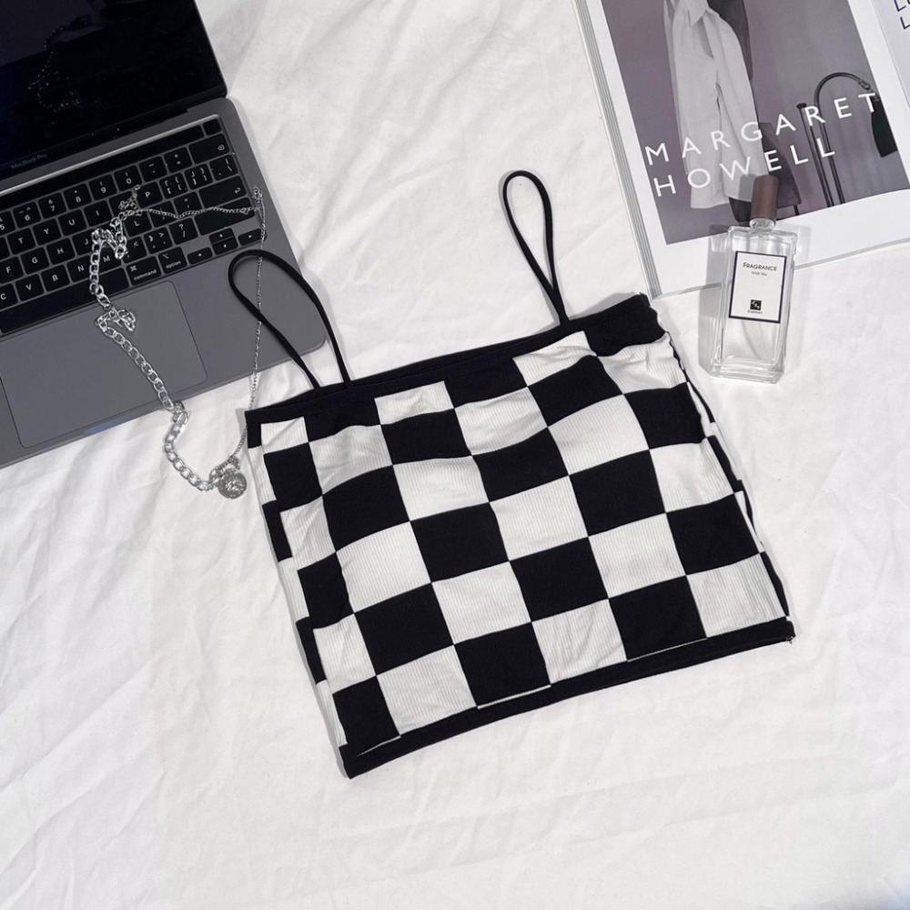 【JDUDS】新款性感拼色棋盤格 一字形細肩美背背心 小可愛 女裝 背心女 衣服 短版上衣 (有胸墊)-規格圖10