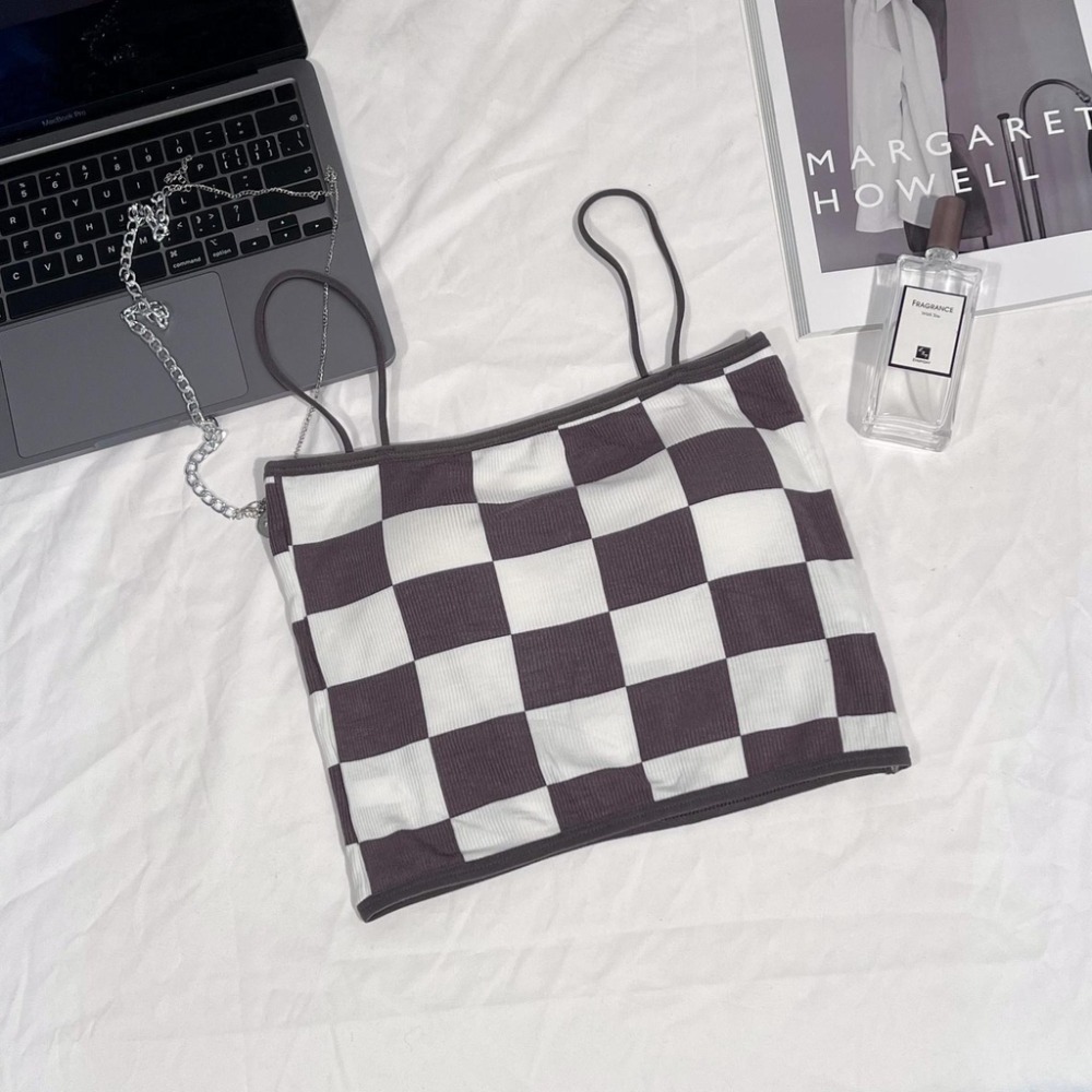 【JDUDS】新款性感拼色棋盤格 一字形細肩美背背心 小可愛 女裝 背心女 衣服 短版上衣 (有胸墊)-規格圖10