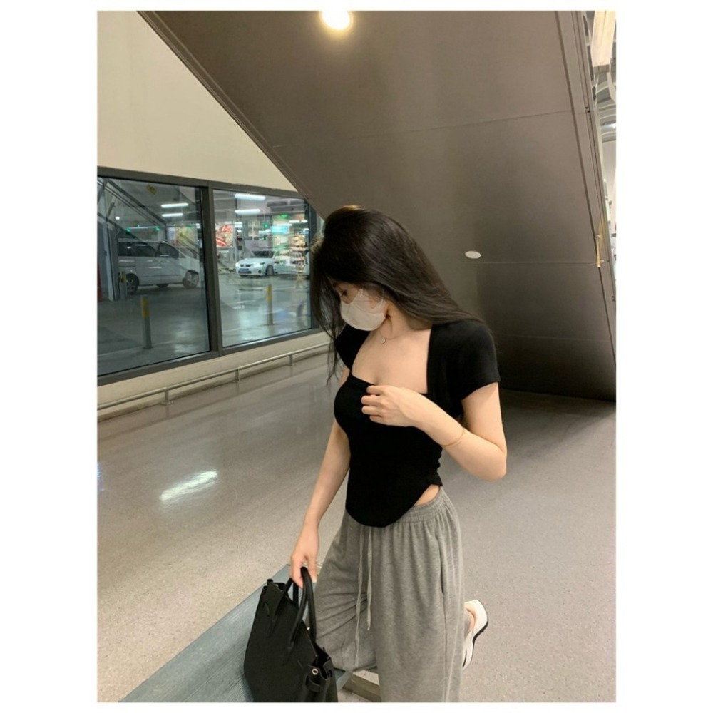 【JDUDS】 不規則設計感方領短袖上衣 方領打底上衣 法式鎖骨方領上衣 韓版方領設計感小眾短版小心機(售完不補)-細節圖3