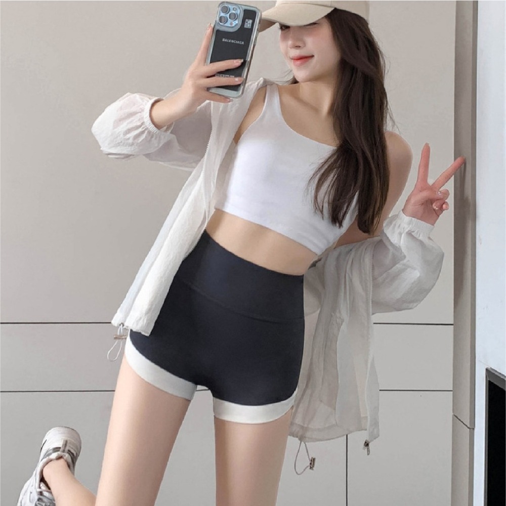 【JDUDS】高腰三分鯊魚短褲 三分鯊魚褲 三分褲  運動短褲 拼接色運動短褲 緊身運動短褲 健身褲-細節圖6