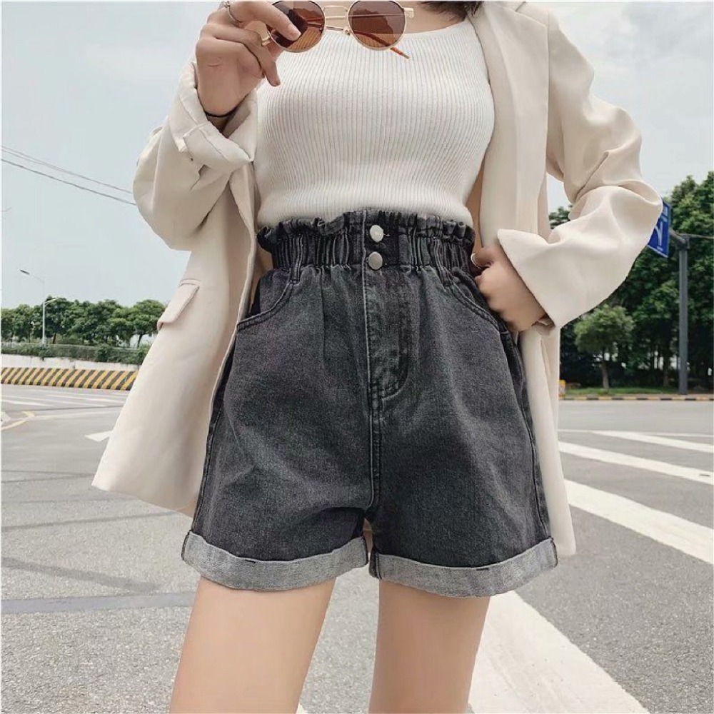 【JDUDS】牛仔高腰花苞反摺彈性短褲 韓系鬆緊寬版百搭顯瘦A字牛仔短褲 女生短褲-細節圖6