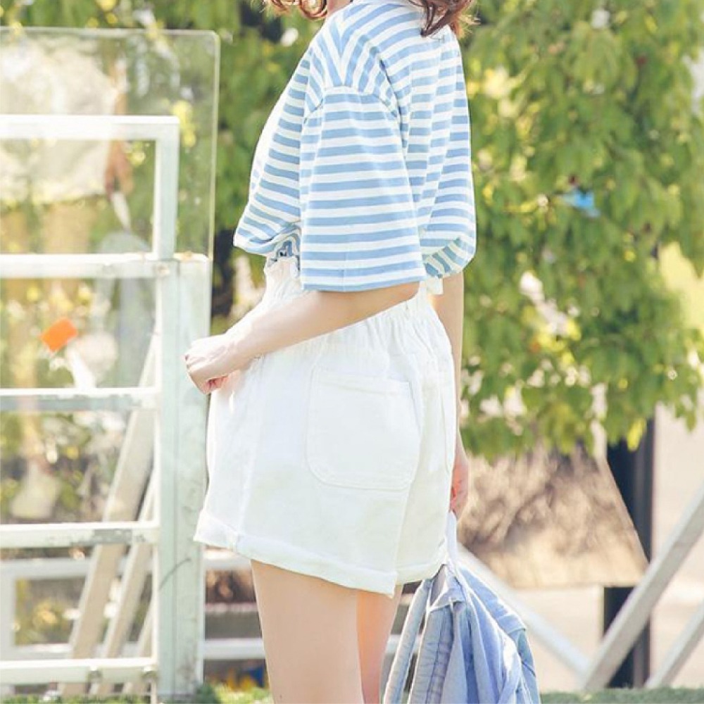 【JDUDS】牛仔高腰花苞反摺彈性短褲 韓系鬆緊寬版百搭顯瘦A字牛仔短褲 女生短褲-細節圖9