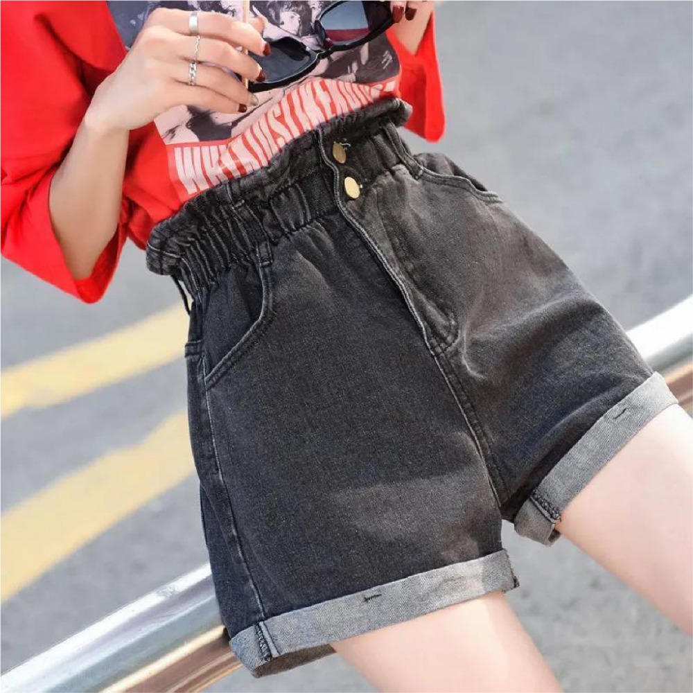 【JDUDS】牛仔高腰花苞反摺彈性短褲 韓系鬆緊寬版百搭顯瘦A字牛仔短褲 女生短褲-規格圖9