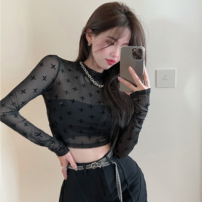 【JDUDS】 蕾絲薄款高領長袖網紗弹力內搭十字印花時尚透視罩衫 半透明打底衫(只有罩衫無內搭)-細節圖2