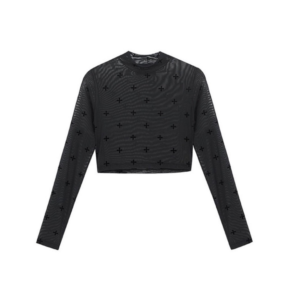 【JDUDS】 蕾絲薄款高領長袖網紗弹力內搭十字印花時尚透視罩衫 半透明打底衫(只有罩衫無內搭)-細節圖3