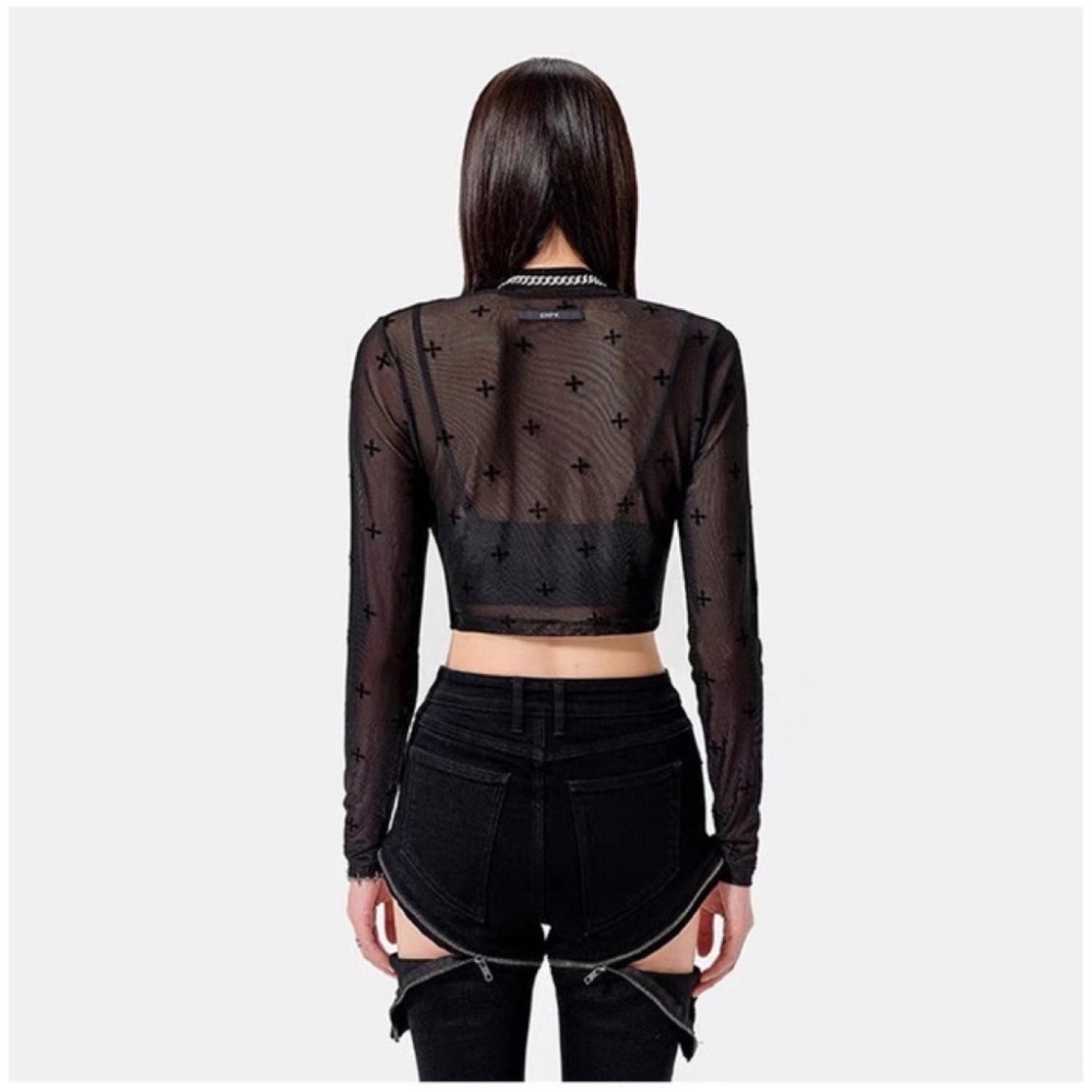 【JDUDS】 蕾絲薄款高領長袖網紗弹力內搭十字印花時尚透視罩衫 半透明打底衫(只有罩衫無內搭)-細節圖4