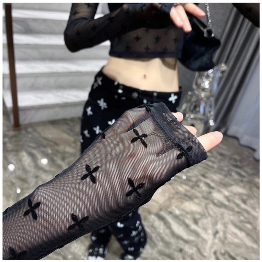 【JDUDS】 蕾絲薄款高領長袖網紗弹力內搭十字印花時尚透視罩衫 半透明打底衫(只有罩衫無內搭)-細節圖5