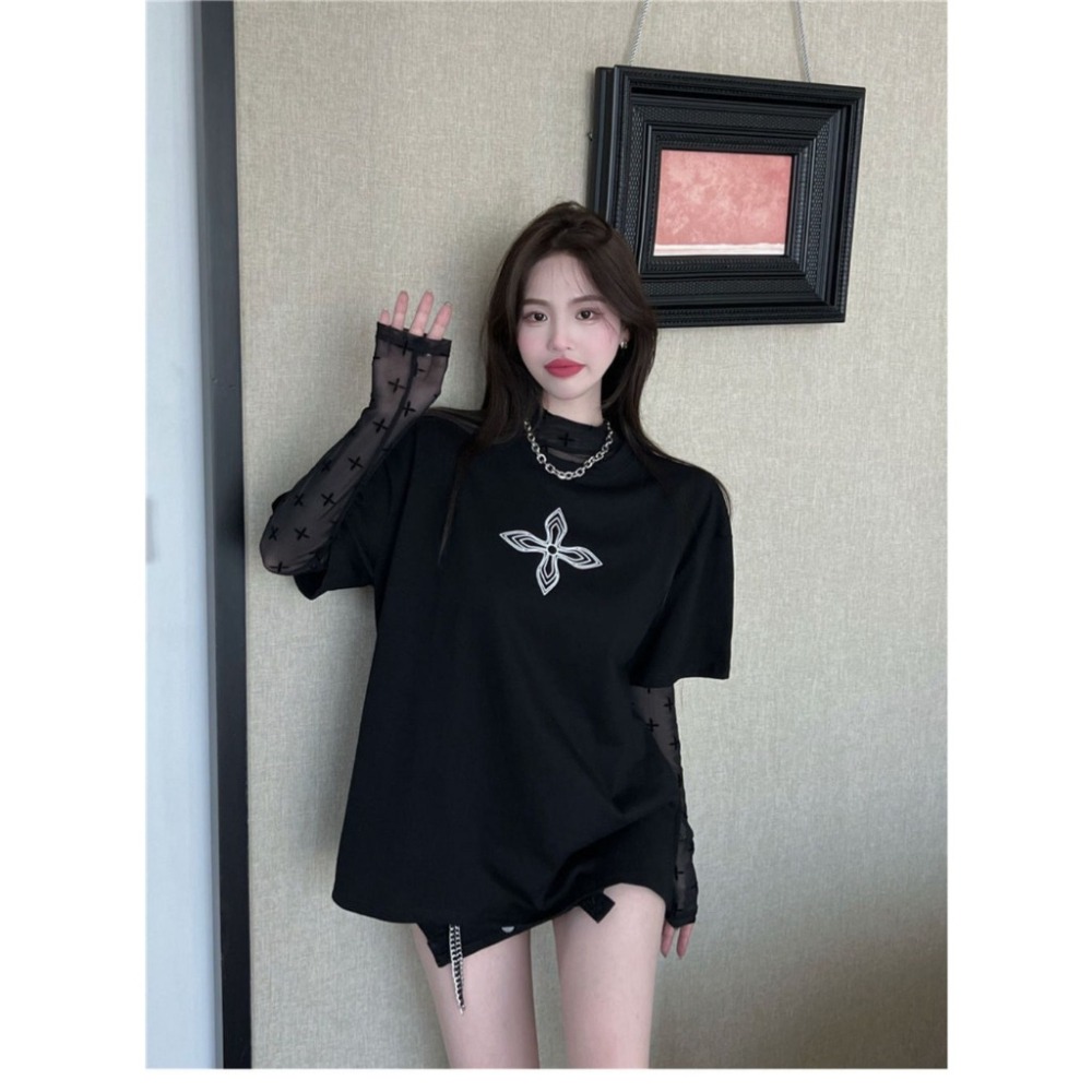 【JDUDS】 蕾絲薄款高領長袖網紗弹力內搭十字印花時尚透視罩衫 半透明打底衫(只有罩衫無內搭)-細節圖6