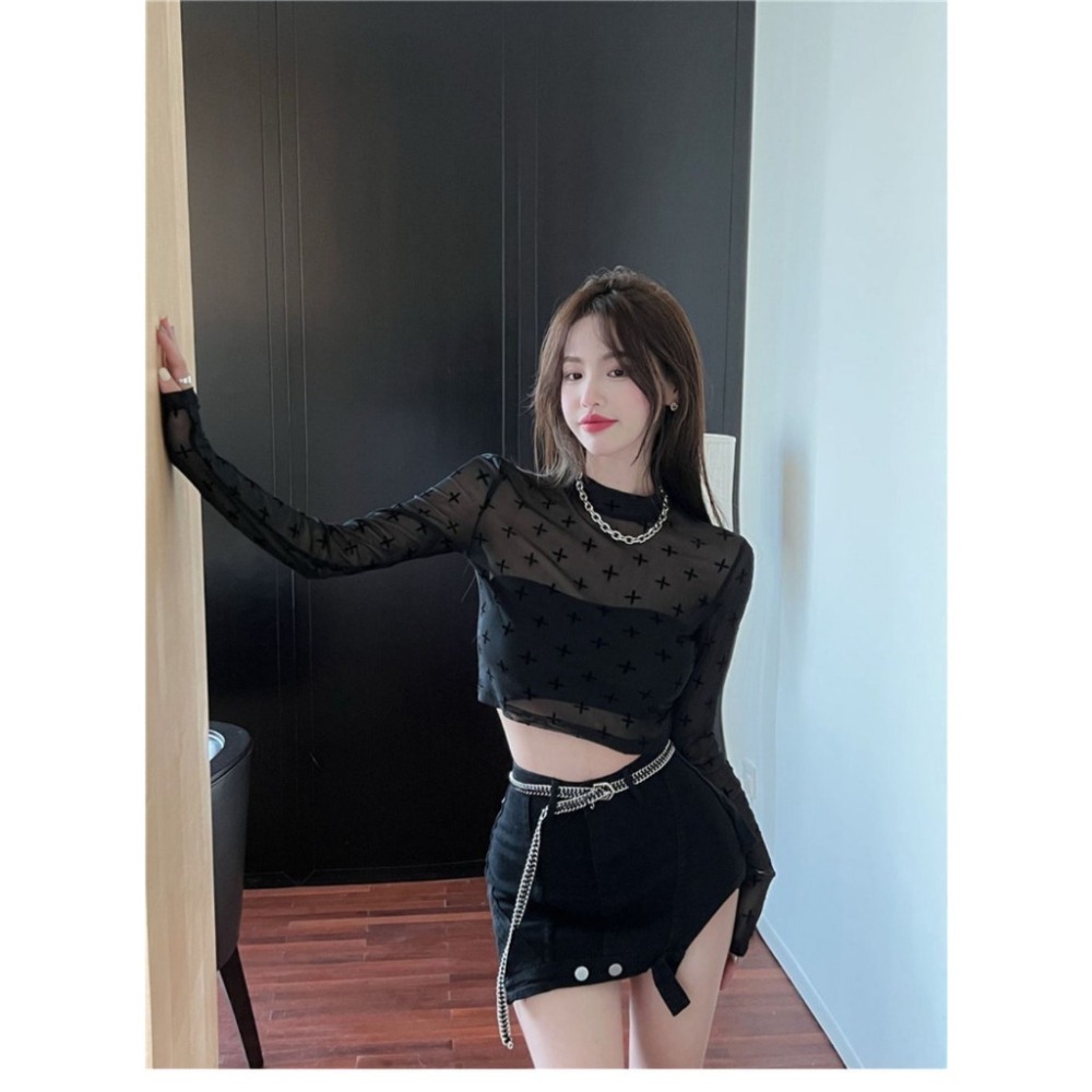 【JDUDS】 蕾絲薄款高領長袖網紗弹力內搭十字印花時尚透視罩衫 半透明打底衫(只有罩衫無內搭)-細節圖7