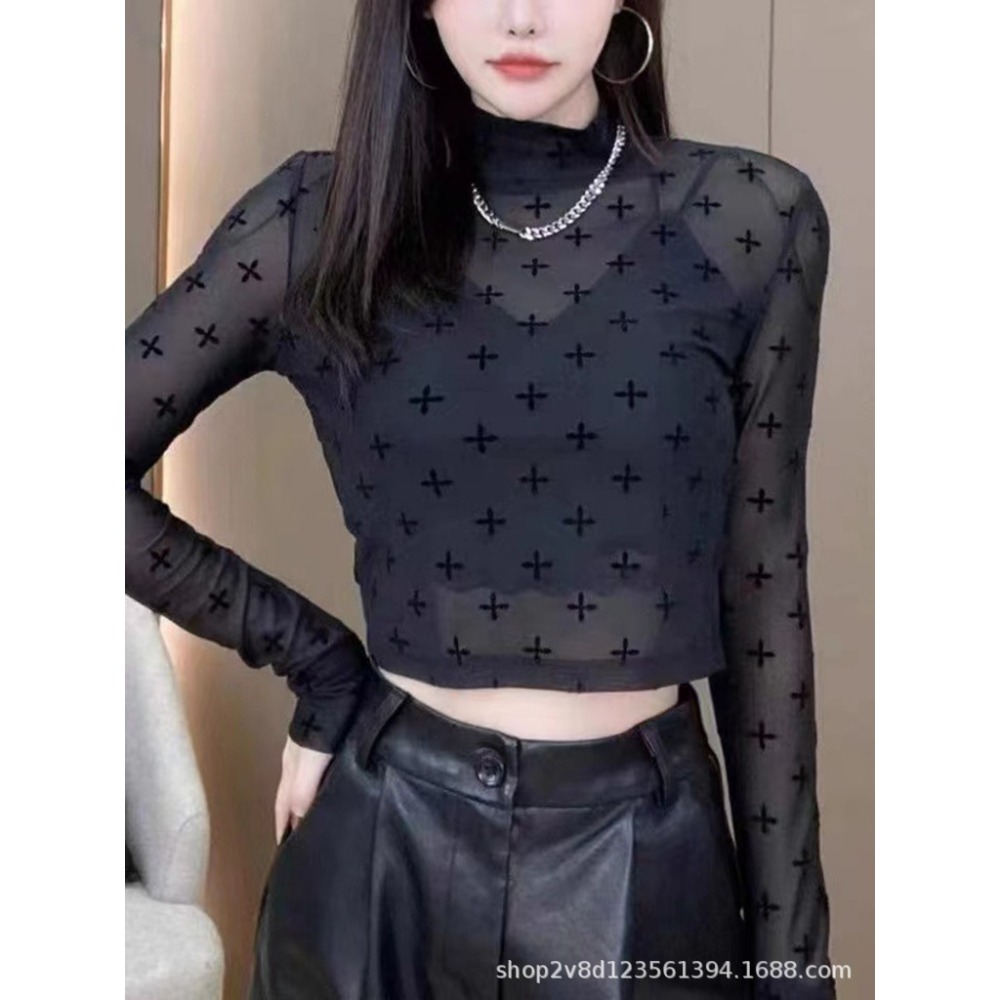 【JDUDS】 蕾絲薄款高領長袖網紗弹力內搭十字印花時尚透視罩衫 半透明打底衫(只有罩衫無內搭)-細節圖8