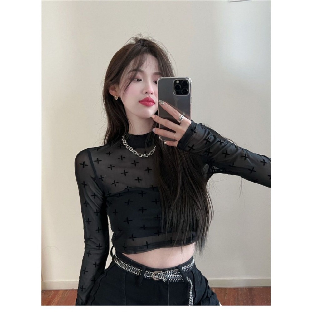 【JDUDS】 蕾絲薄款高領長袖網紗弹力內搭十字印花時尚透視罩衫 半透明打底衫(只有罩衫無內搭)-細節圖9