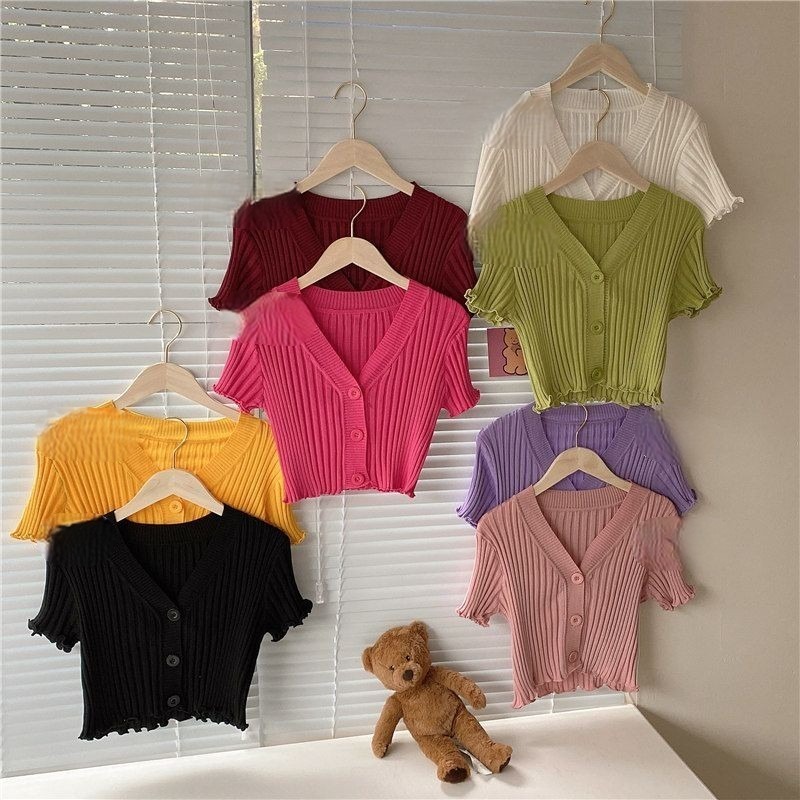 【JDUDS】 V領素色百搭修身短款短版木耳邊條紋鈕扣針織上衣 針織上衣 韓系V領-細節圖3