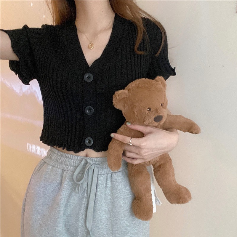 【JDUDS】 V領素色百搭修身短款短版木耳邊條紋鈕扣針織上衣 針織上衣 韓系V領-細節圖4