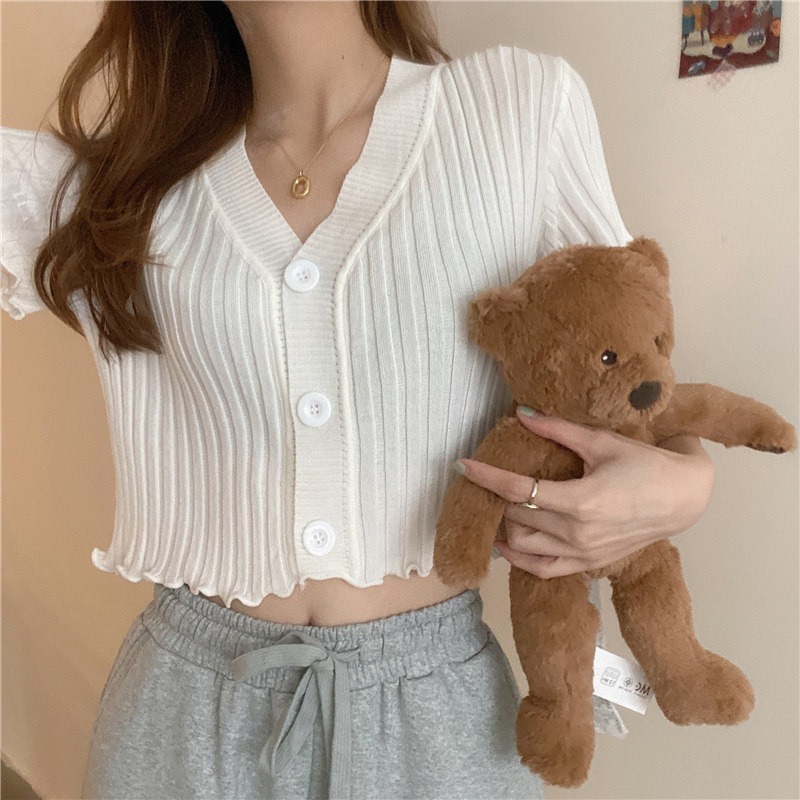 【JDUDS】 V領素色百搭修身短款短版木耳邊條紋鈕扣針織上衣 針織上衣 韓系V領-細節圖5