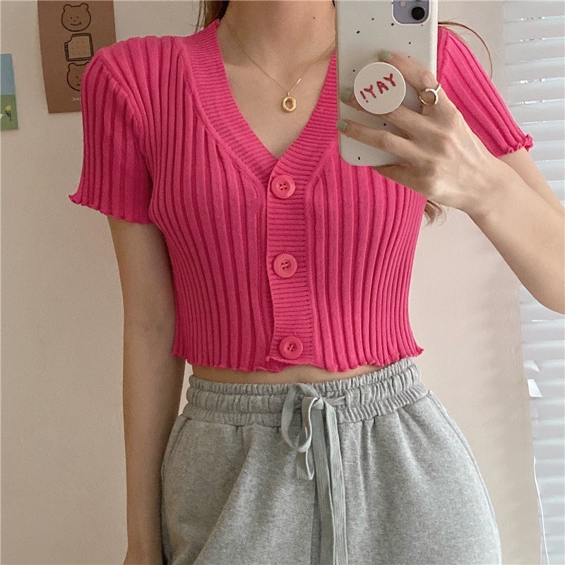 【JDUDS】 V領素色百搭修身短款短版木耳邊條紋鈕扣針織上衣 針織上衣 韓系V領-細節圖8