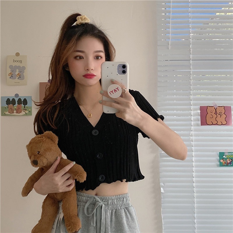 【JDUDS】 V領素色百搭修身短款短版木耳邊條紋鈕扣針織上衣 針織上衣 韓系V領-規格圖9