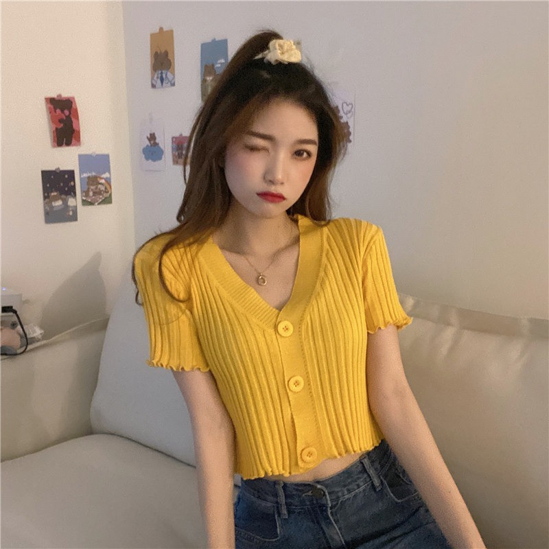 【JDUDS】 V領素色百搭修身短款短版木耳邊條紋鈕扣針織上衣 針織上衣 韓系V領-規格圖9