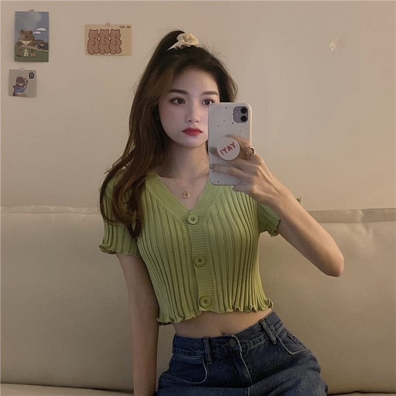 【JDUDS】 V領素色百搭修身短款短版木耳邊條紋鈕扣針織上衣 針織上衣 韓系V領-規格圖9