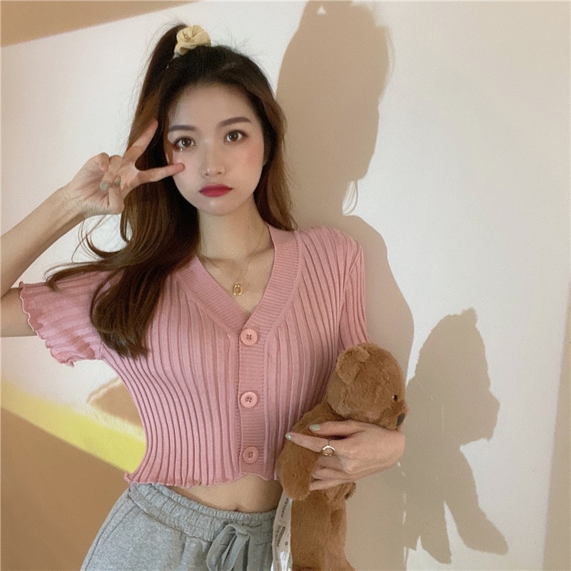 【JDUDS】 V領素色百搭修身短款短版木耳邊條紋鈕扣針織上衣 針織上衣 韓系V領-規格圖9