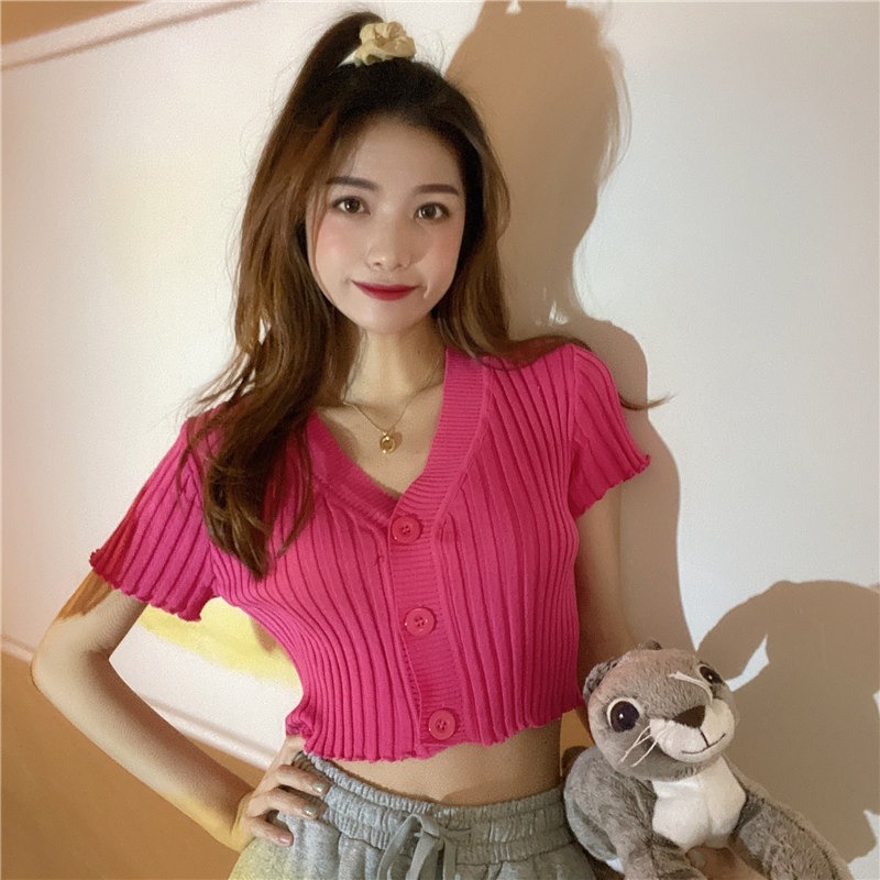 【JDUDS】 V領素色百搭修身短款短版木耳邊條紋鈕扣針織上衣 針織上衣 韓系V領-規格圖9