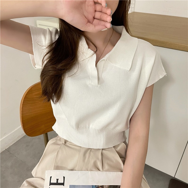 【JDUDS】 修身短版POLO衫針織露肚翻領衫 韓版薄簡約時尚夏季潮流款針織翻領t 舒適 百搭-細節圖5